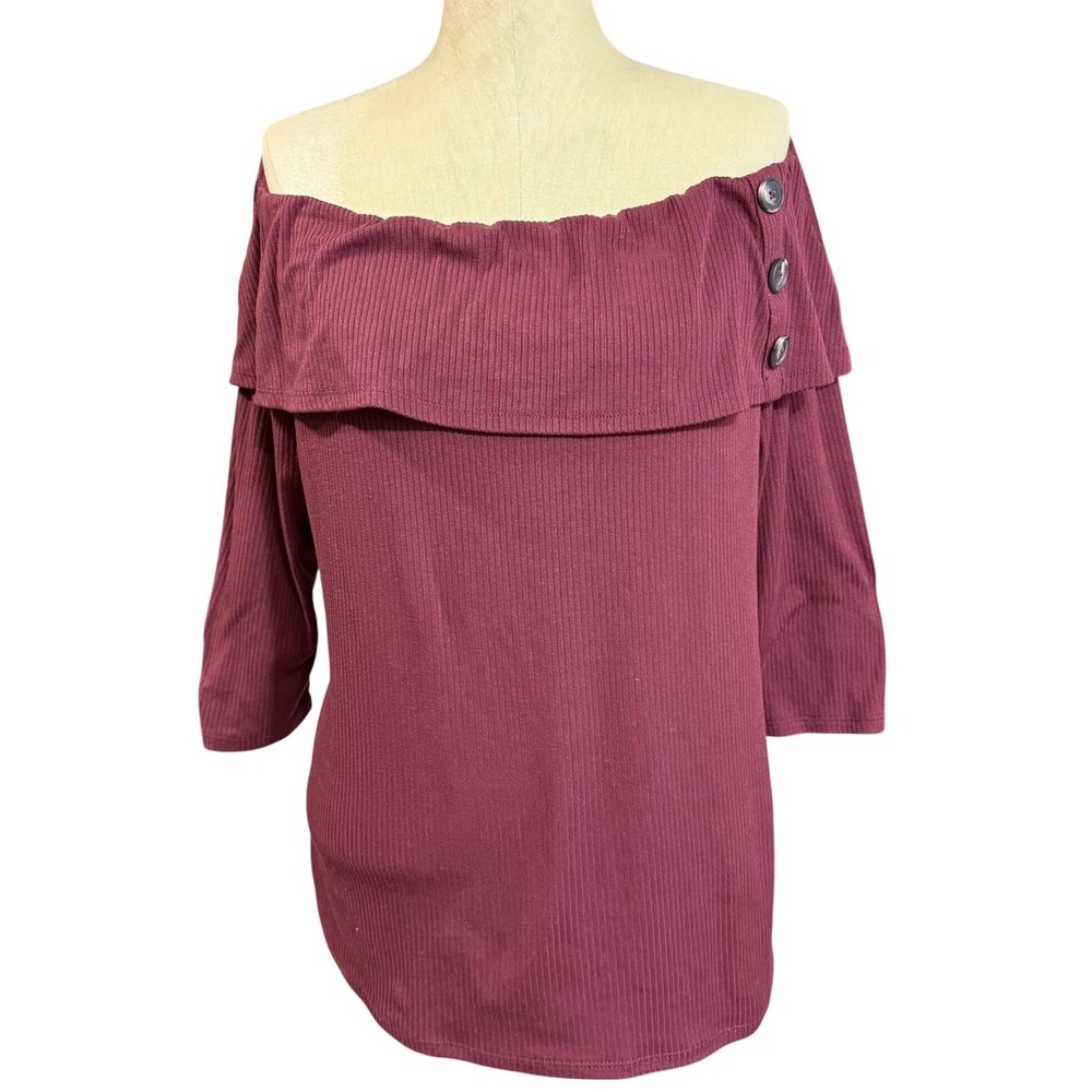 Lane Bryant 14 Top Burgundy Rib Knit 3/4 Sleeve Off Shoulder Feminine Fall Cozy